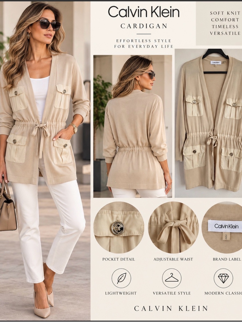 Calvin Klein Beige Drawstring-Waist Cardigan with Patch Pockets